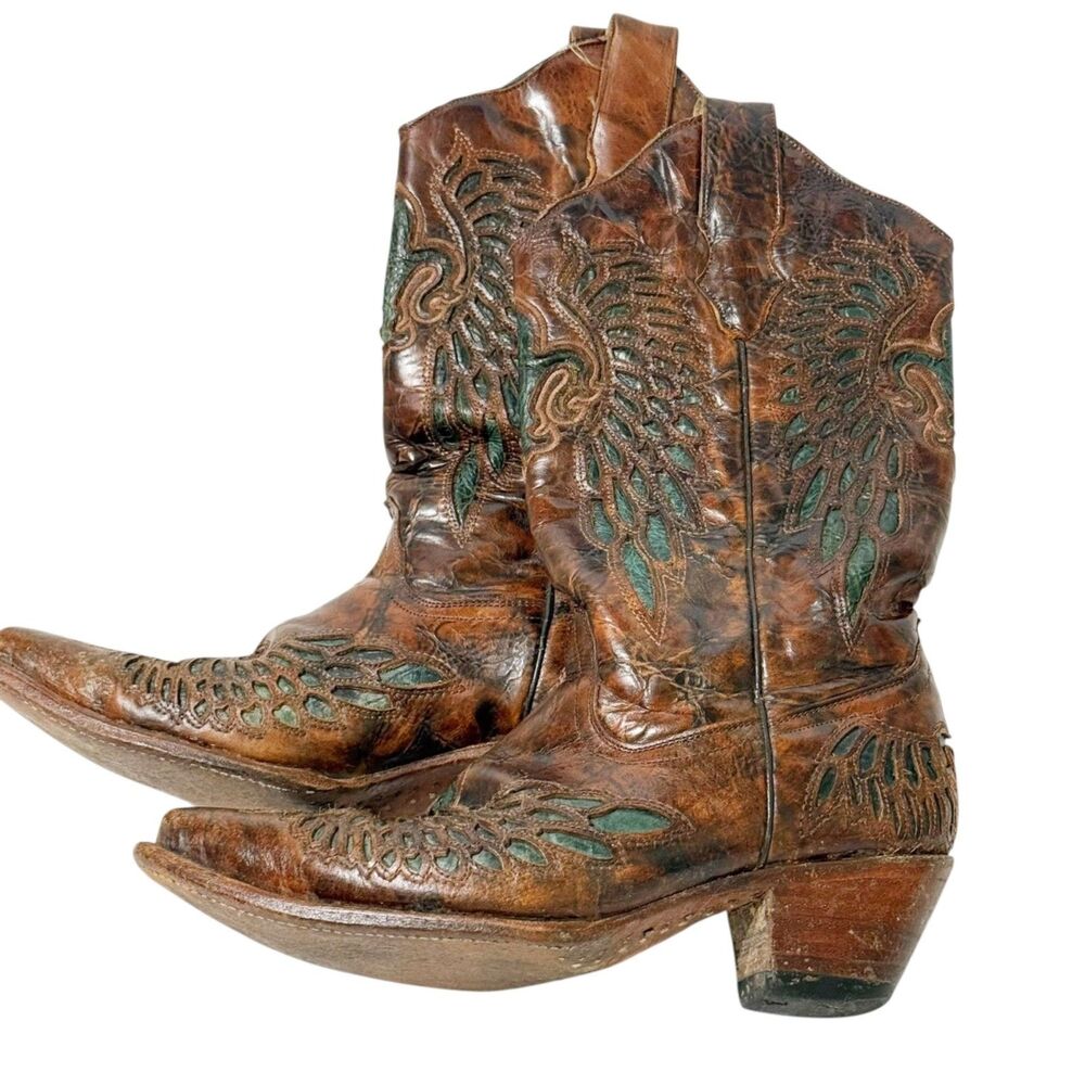 CORRAL Chestnut Marble Turquoise Winged Fleur de Lis Inlay Snip R1013 Boots 8.5M